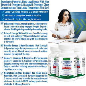 Max Strength L Tyrosine Supplement & N Acetyl L Tyrosine Peak Focus, Alertness, Concentration, Body & Mind Energy. L-Tyrosine 850mg Per 1 Capsule. A Well-Being Nutrient Boost For Performance BioWisdom NutraceuticalsBuy Supplements Australia