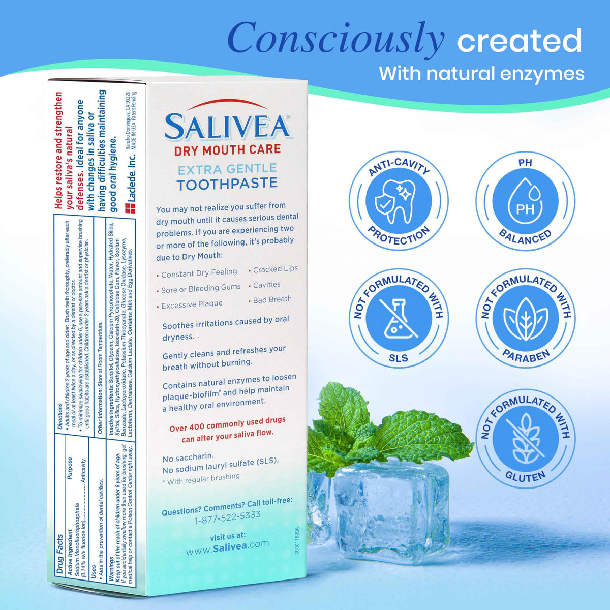 SALIVEA Dry Mouth Toothpaste (2 Pack) — 4.3 oz Each, Anticavity Fluoride, Natural Salivary Enzymes, Xylitol & Calcium, SLS-Free,