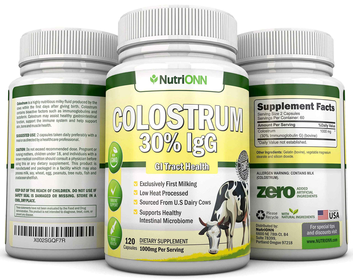 Colostrum - 1000mg - 120 Capsules - 30% IgG - Non-GMO US Dairy - First Milking Bovine Colostrum - Low Heat Processed - Great for GI Tract Health