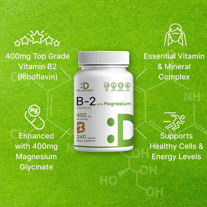 DEAL SUPPLEMENT Vitamin B2 400mg (Riboflavin) | with Magnesium Glycinate 400mg, 240 Capsules – 2 in 1 Support Healthy Nervous System, Mood, Blood & Energy Production, Non-GMO
