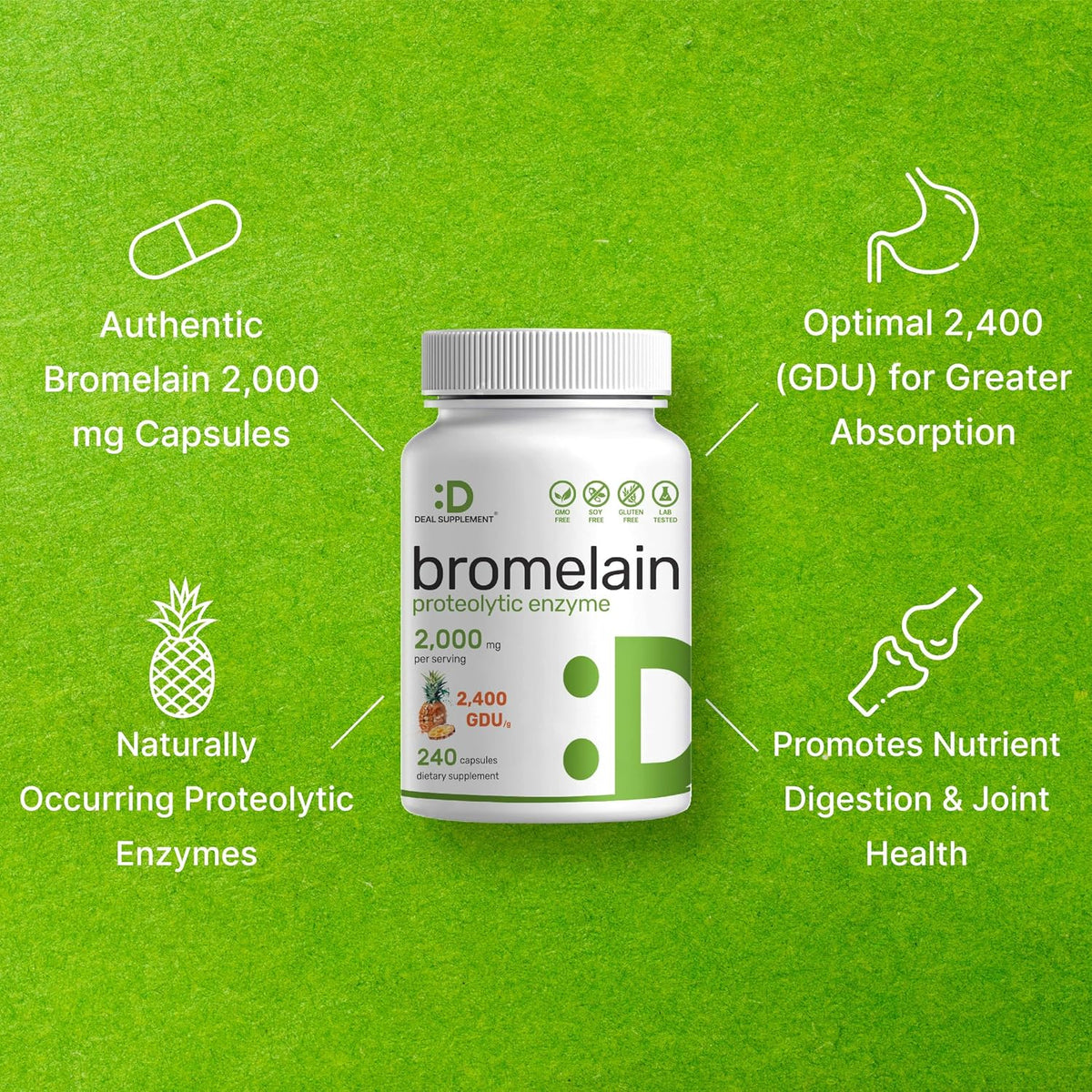 Bromelain Supplement 2,000mg Per Serving, 240 Capsules – Natural Proteolytic Enzymes from Fresh Pineapple – Supports Nutrient Digestion