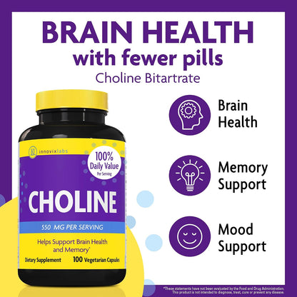 InnovixLabs Choline Supplement 550 mg, Pure Choline Bitartrate Brain Supplement for Memory and Focus, Supports Liver Function and Mental Clarity for Women and Men, Non-GMO, 50-Day Supply - PrimeBioHealth - canada supplements