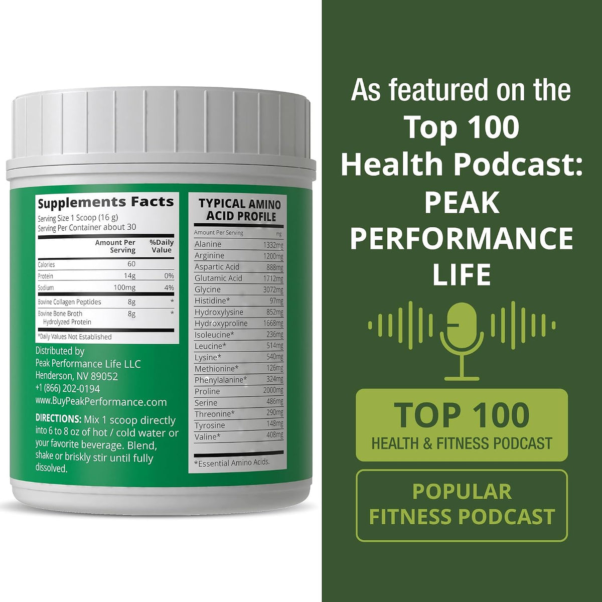 Peak Performance Hydrolyzed Bone Broth + Collagen Unflavored Protein Peptides Powder - Contains All Collagen Types: 1, 2, and 3 - Pure Pasture Raised Grass Fed, Paleo Friendly, Gluten + Dairy Free - PrimeBioHealth - canada supplements